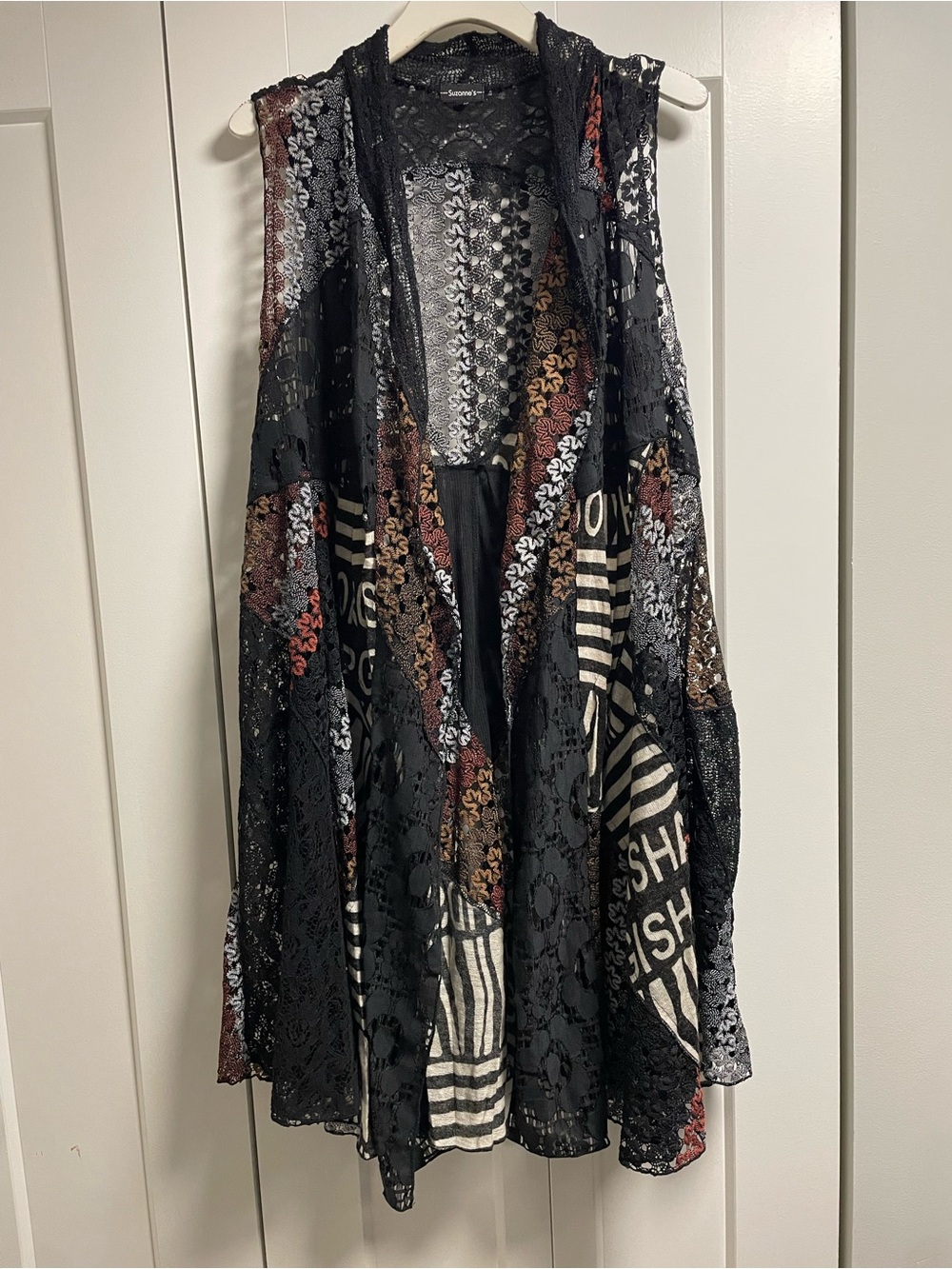 Suzanne's Patchwork Boho Lace Long Longline Vest Sequin Handkerchief Hem Multi